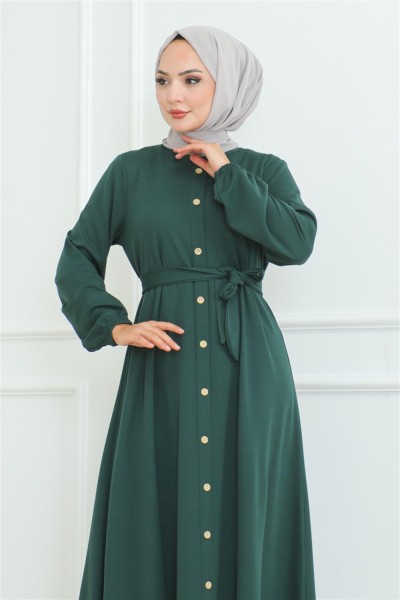 Düğme Detaylı Kemerli Elbise ZÜMRÜT YEŞİLİ - Thumbnail