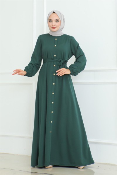 Düğme Detaylı Kemerli Elbise ZÜMRÜT YEŞİLİ - Thumbnail