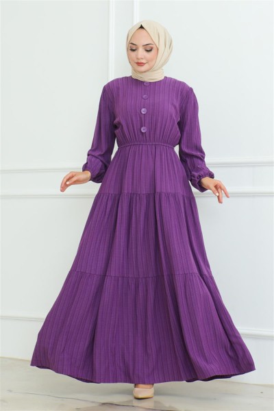 MYS - Düğme Detaylı Kırınkıl Elbise MOR
