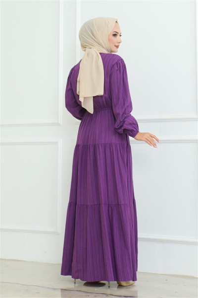 Düğme Detaylı Kırınkıl Elbise MOR - Thumbnail