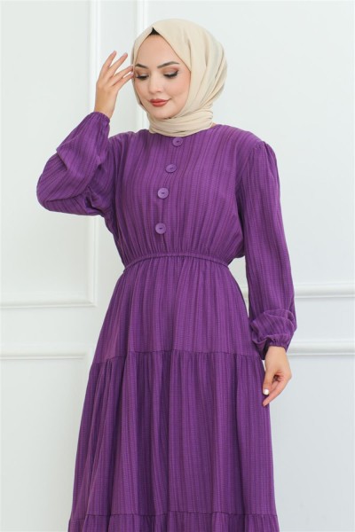 Düğme Detaylı Kırınkıl Elbise MOR - Thumbnail
