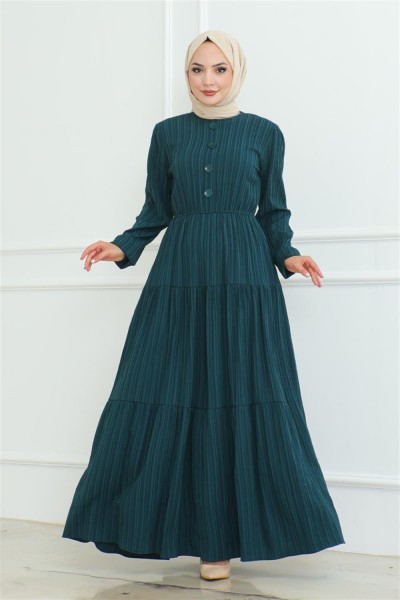 Düğme Detaylı Kırınkıl Elbise PETROL - Thumbnail