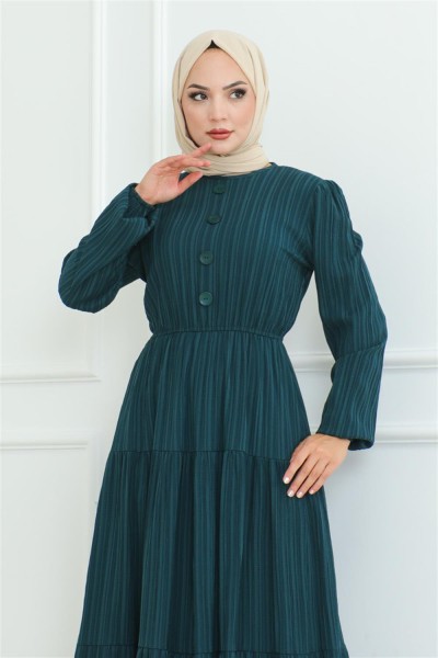 Düğme Detaylı Kırınkıl Elbise PETROL - Thumbnail