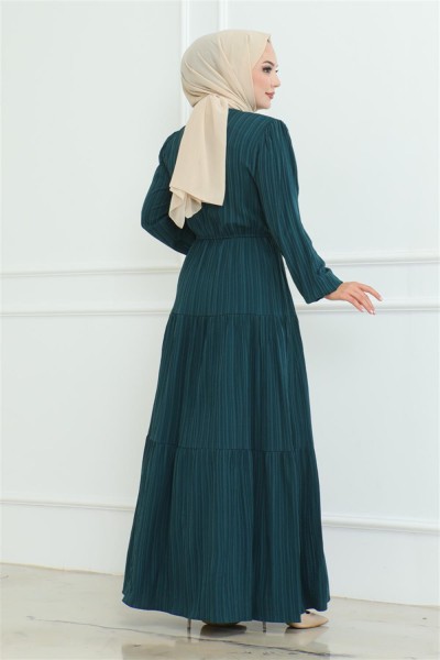 Düğme Detaylı Kırınkıl Elbise PETROL - Thumbnail