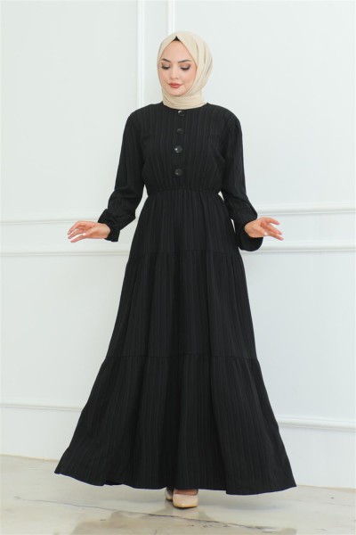 MYS - Düğme Detaylı Kırınkıl Elbise SİYAH