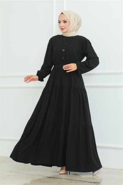 Düğme Detaylı Kırınkıl Elbise SİYAH - Thumbnail