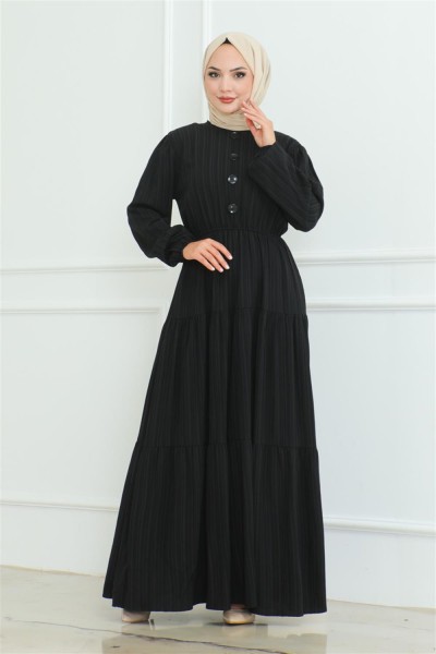 Düğme Detaylı Kırınkıl Elbise SİYAH - Thumbnail