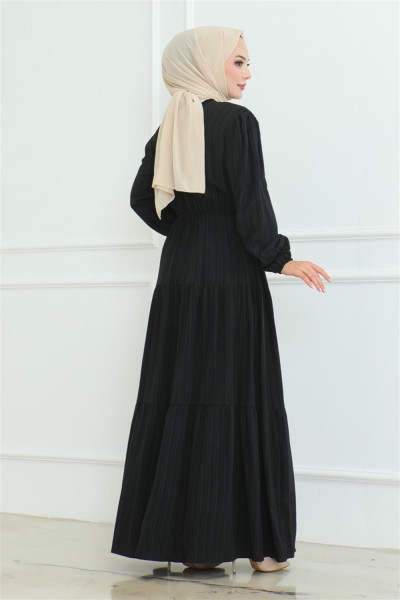 Düğme Detaylı Kırınkıl Elbise SİYAH - Thumbnail