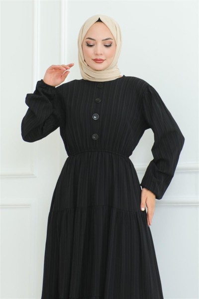Düğme Detaylı Kırınkıl Elbise SİYAH - Thumbnail