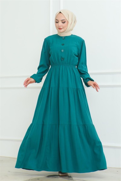 MYS - Düğme Detaylı Kırınkıl Elbise ZÜMRÜT YEŞİLİ