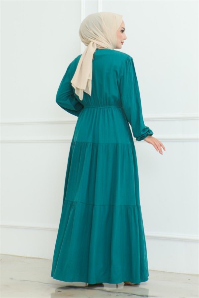 Düğme Detaylı Kırınkıl Elbise ZÜMRÜT YEŞİLİ - Thumbnail