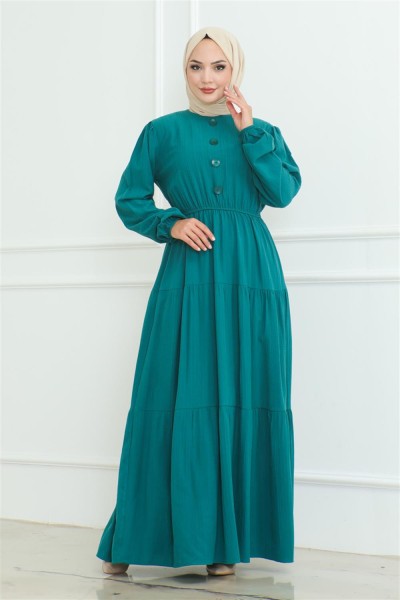 Düğme Detaylı Kırınkıl Elbise ZÜMRÜT YEŞİLİ - Thumbnail