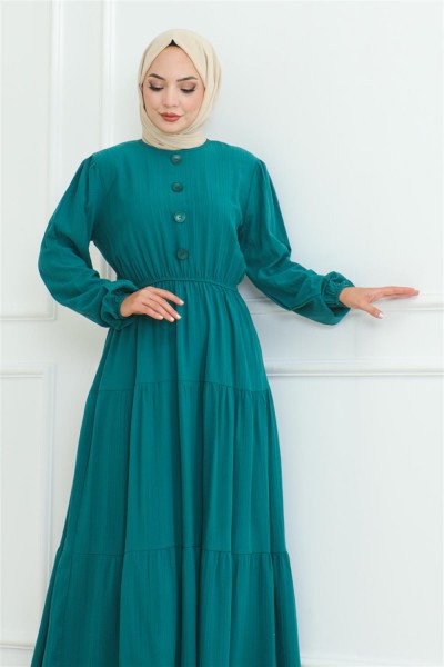 Düğme Detaylı Kırınkıl Elbise ZÜMRÜT YEŞİLİ - Thumbnail