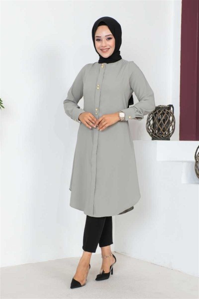 Düğme Detaylı Tesettür Tunik GRİ - Thumbnail