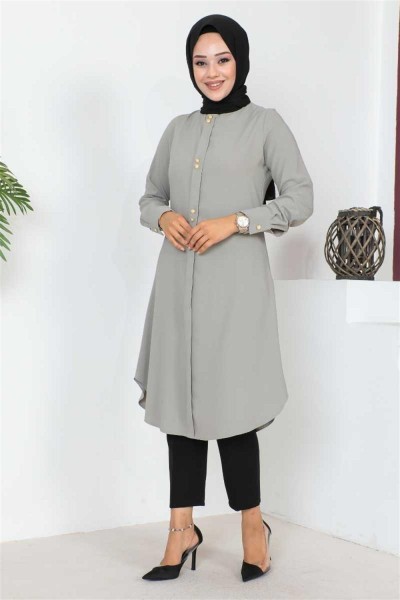 Düğme Detaylı Tesettür Tunik GRİ - Thumbnail