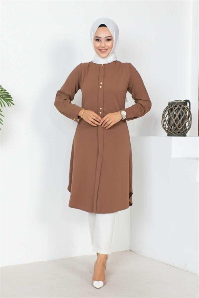 Düğme Detaylı Tesettür Tunik KAHVERENGİ - Thumbnail