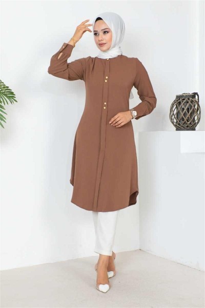 Düğme Detaylı Tesettür Tunik KAHVERENGİ - Thumbnail