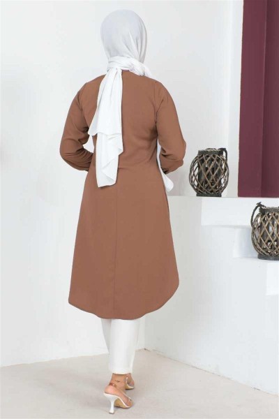 Düğme Detaylı Tesettür Tunik KAHVERENGİ - Thumbnail