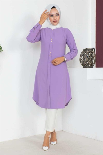 Düğme Detaylı Tesettür Tunik LİLA - Thumbnail
