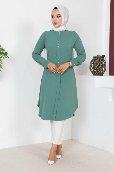 Düğme Detaylı Tesettür Tunik MİNT - Thumbnail