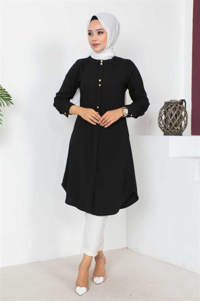Düğme Detaylı Tesettür Tunik SİYAH - Thumbnail
