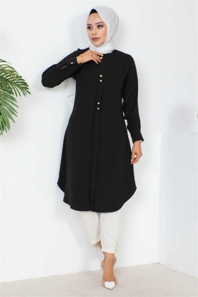 Düğme Detaylı Tesettür Tunik SİYAH - Thumbnail