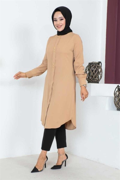 Düğme Detaylı Tesettür Tunik VİZON - Thumbnail