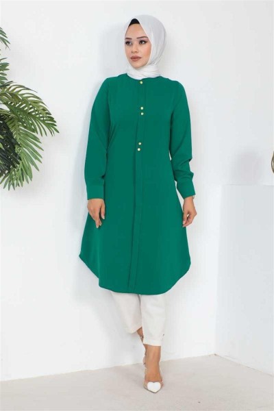 Düğme Detaylı Tesettür Tunik ZÜMRÜT YEŞİLİ - Thumbnail