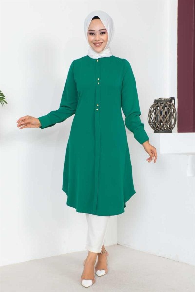 Düğme Detaylı Tesettür Tunik ZÜMRÜT YEŞİLİ - Thumbnail