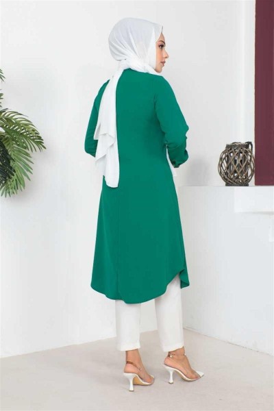 Düğme Detaylı Tesettür Tunik ZÜMRÜT YEŞİLİ - Thumbnail