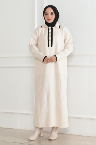 Düğme Detaylı Triko Elbise EKRU - Thumbnail