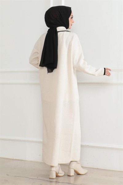 Düğme Detaylı Triko Elbise EKRU - Thumbnail