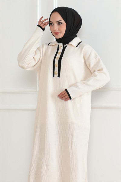 Düğme Detaylı Triko Elbise EKRU - Thumbnail