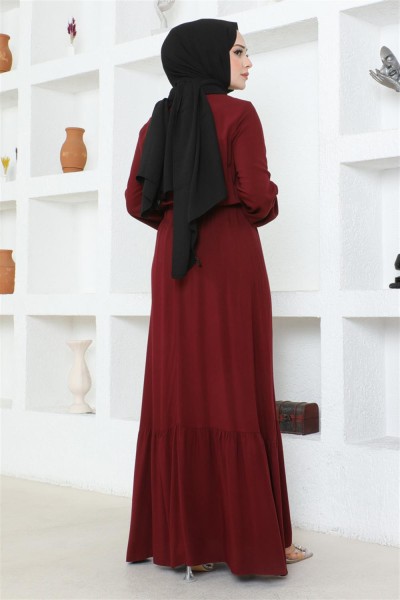 Düğme Detaylı Viskon Elbise BORDO - Thumbnail