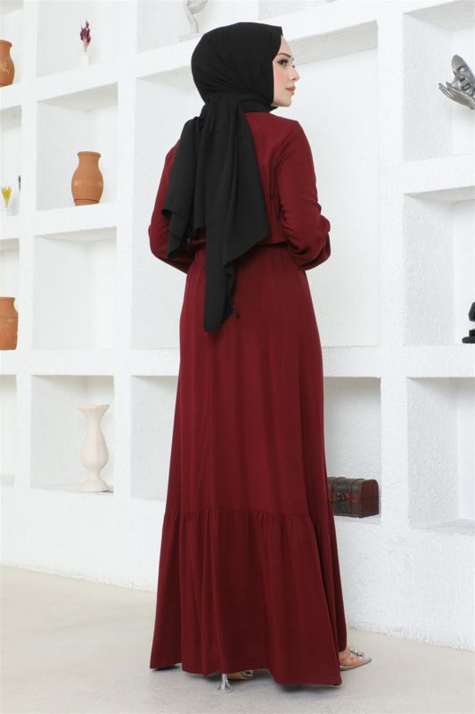 Düğme Detaylı Viskon Elbise BORDO - 2