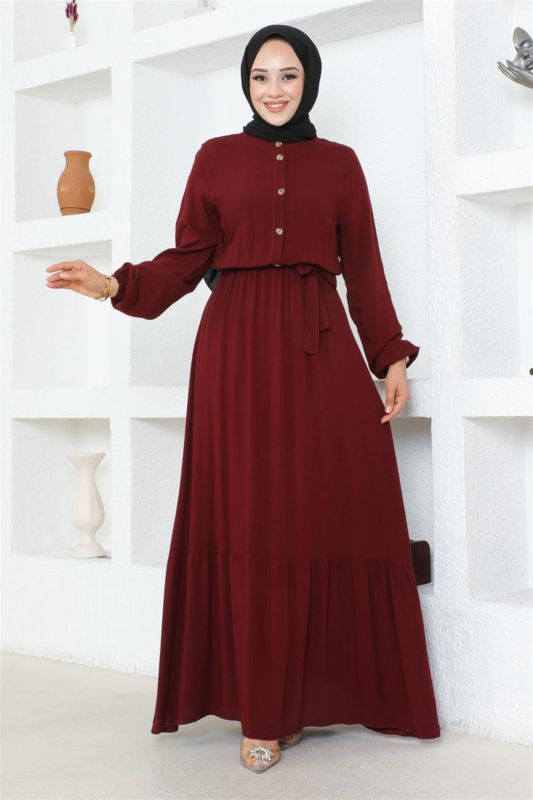 Düğme Detaylı Viskon Elbise BORDO - 3