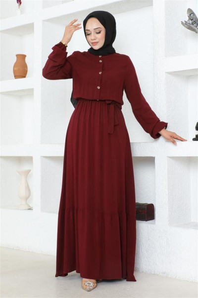 Düğme Detaylı Viskon Elbise BORDO - Thumbnail
