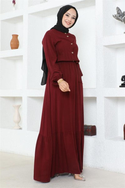 Düğme Detaylı Viskon Elbise BORDO - Thumbnail