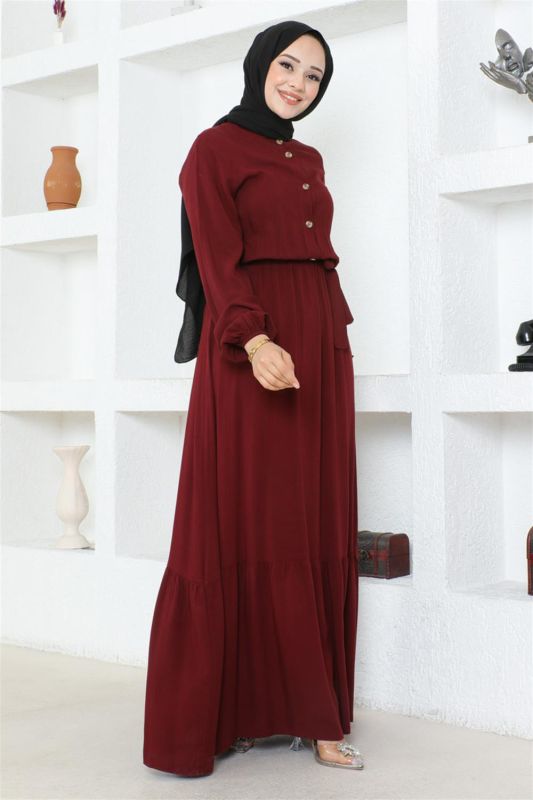 Düğme Detaylı Viskon Elbise BORDO - 5