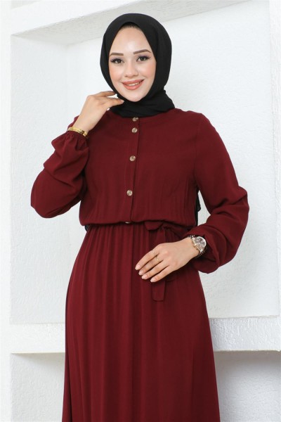 Düğme Detaylı Viskon Elbise BORDO - Thumbnail