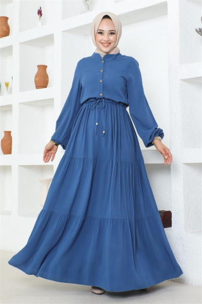 Markasız - Düğme Detaylı Viskon Elbise İNDİGO