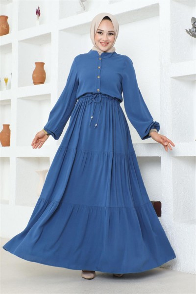 Düğme Detaylı Viskon Elbise İNDİGO - Thumbnail