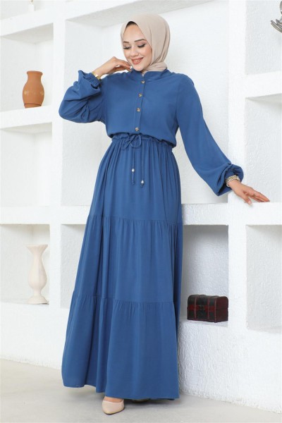 Düğme Detaylı Viskon Elbise İNDİGO - Thumbnail