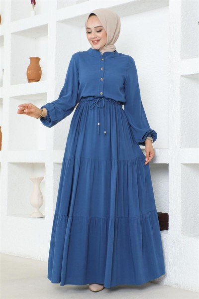 Düğme Detaylı Viskon Elbise İNDİGO - Thumbnail