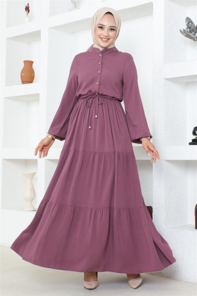 Markasız - Düğme Detaylı Viskon Elbise MÜRDÜM
