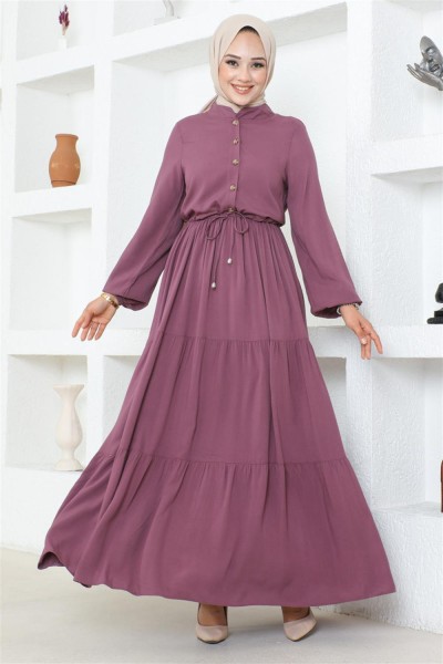 Düğme Detaylı Viskon Elbise MÜRDÜM - Thumbnail