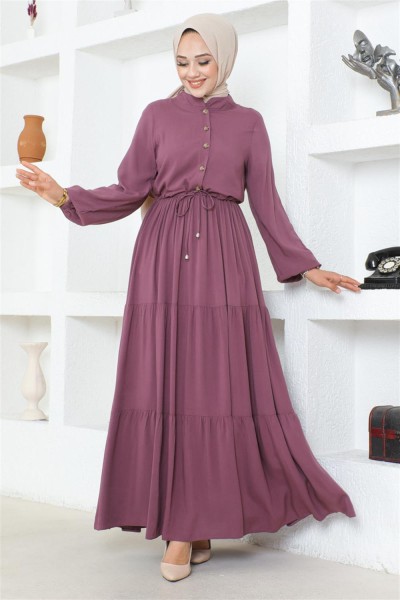 Düğme Detaylı Viskon Elbise MÜRDÜM - Thumbnail