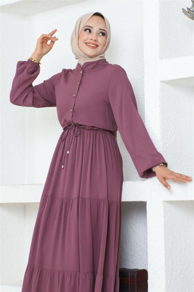 Düğme Detaylı Viskon Elbise MÜRDÜM - Thumbnail