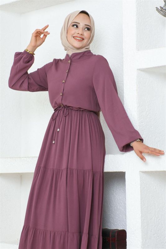 Düğme Detaylı Viskon Elbise MÜRDÜM - 4