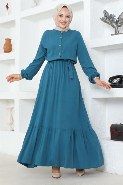 Markasız - Düğme Detaylı Viskon Elbise PETROL